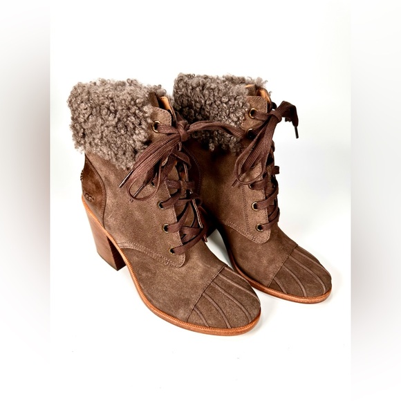 UGG JAXON SUEDE CUFF LACE UP SHEARLING BOOTS - Picture 2 of 12